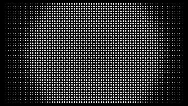 White polka dots against black background. Concentric growing circles seamless loop transition