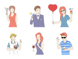 Group people holding cocktails vector cartoon outline illustration. Summer party, vacation, holidays.