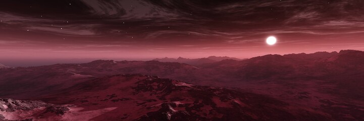 alien landscape, a panorama of a surface of another planet at sunrise, 3d rendering