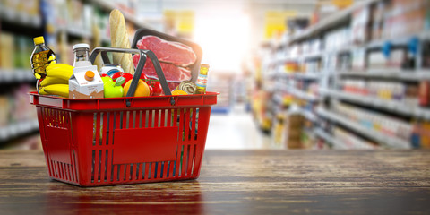 Shopping basket with fresh food. Grocery supermarket, food and eats online buying and delivery concept. - obrazy, fototapety, plakaty