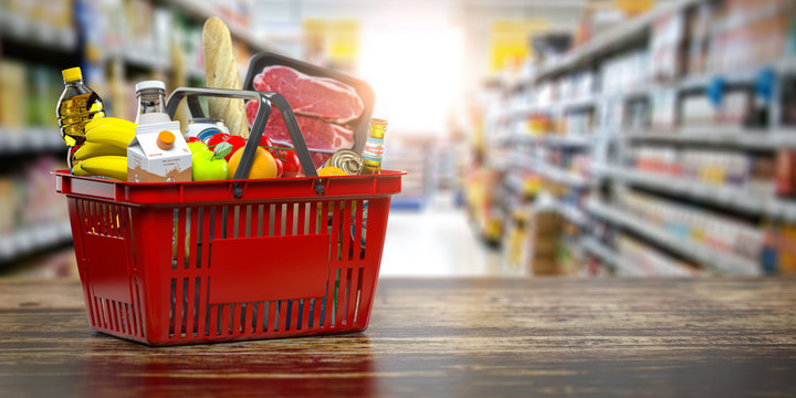 Shopping basket with fresh food. Grocery supermarket, food and eats online buying and delivery concept.