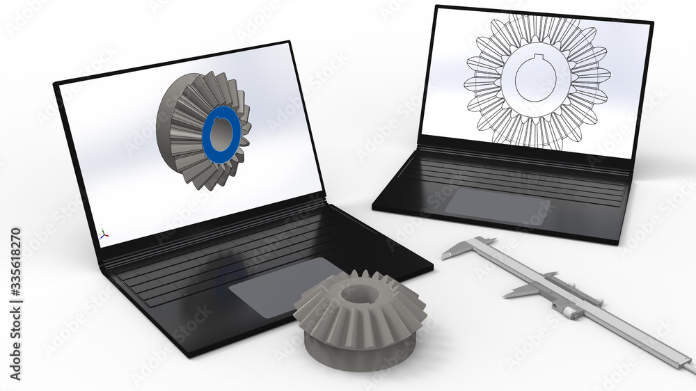 Poster 3d rendering - laptop used in cad bevel gear design