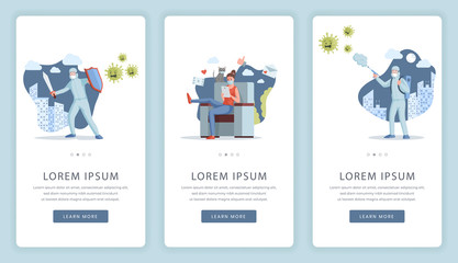 Stop COVID-19 mobile app screens. Woman working at home and medical workers fighting with Coronavirus.