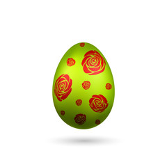 Easter egg 3D icon. Red green color egg, isolated white background. Bright realistic design, decoration for Happy Easter celebration. Holiday element. Shiny pattern. Spring symbol. Vector illustration
