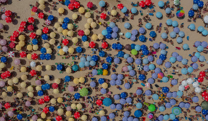 Drone shot of a crowded Ipanema beach in Rio de Janeiro in Brazil