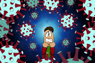 vector illustration of a man afraid of the surrounding coronavirus cells