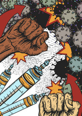 Obraz premium Coronavirus poster. Vaccine kills virus. Fist male hands. War on world pandemic. COVID-19 (2019-nCoV) art. Fight against epidemic. Propaganda art. Revolution protest print. Medical illustration