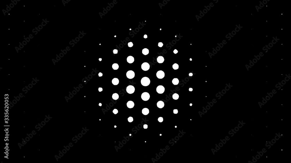 Poster white polka dots against black background. concentric growing circles seamless loop transition