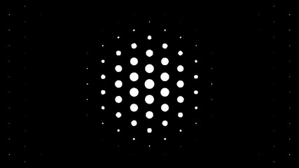 White polka dots against black background. Concentric growing circles seamless loop transition