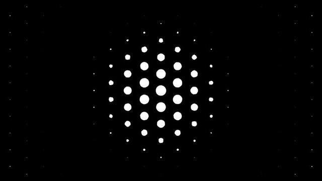 White polka dots against black background. Concentric growing circles seamless loop transition