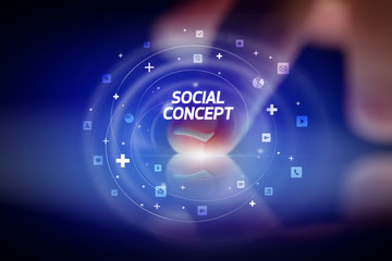 Finger touching tablet with social media icons and SOCIAL CONCEPT