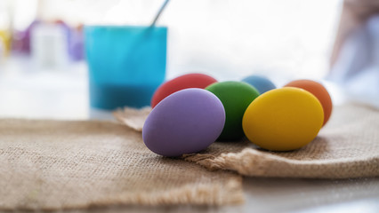 Preparing for painting eggs for Eastertime at home. Happy Easter day.