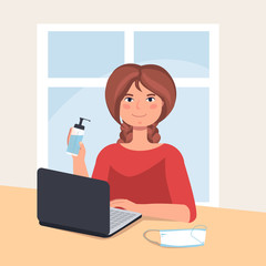 Stay home in quarantine. the girl holds an antiseptic and a mask in her hands, works remotely online on the computer. self isolation, virus protection. vector illustration.