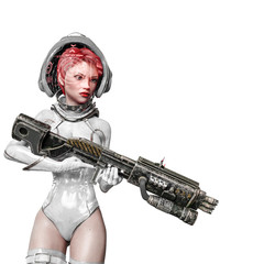 astronaut girl vintage holding a laser gun on white background