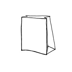 Paper bag isolated. Line sketch. Black and White hand drawn illustration on white background. Package for purchases. Shopping bag. Doodle style. Sign symbol.
