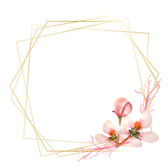 Polygonal golden frame with delicate cherry flowers isolated on white background. Trendy frame with spring flowers for mother's day cards or wedding invitations.