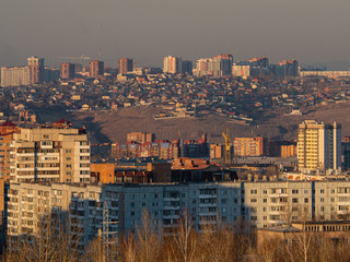 Industrial city in the center of Siberia. Sunset in the city. Beautiful sunset in the big city. Urban living concept