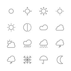Fototapeta premium Simple Set of Weather and Climate Forecast Related Vector thin line Icons. Contains such as rainy, sunny, snowy, cloudy, day, night, hot, cold, sun, moon, umbrella and more. isolated illustration