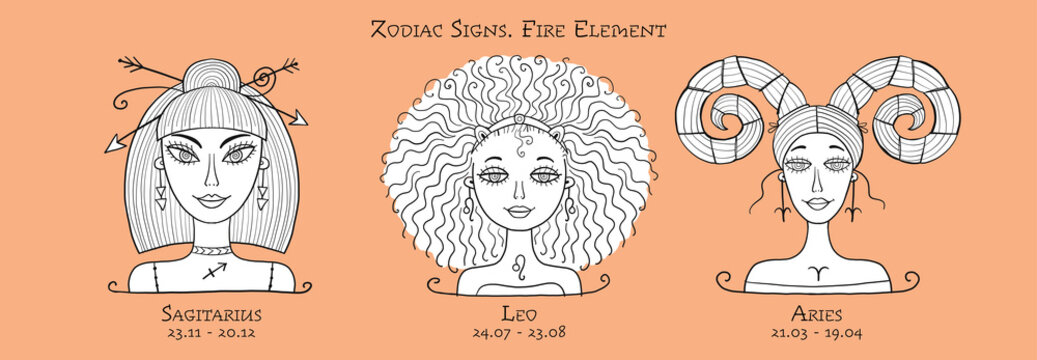 Illustration Of Sagittarius, Leo, Aries Zodiac Sign. Element Of Fire. Beautiful Girls Portrait. Coloring Page For Your Design Of Astrology Calendar, Horoscope, Print.