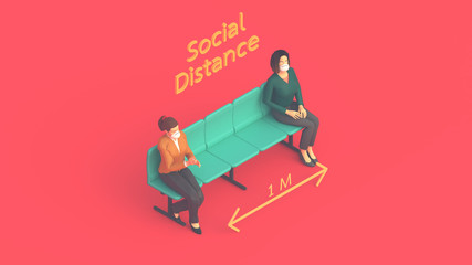 3d Rendering. Social Distancing, People keep distance in public society people to protect virus.coronavirus outbreak spreading concept ,wearing protective mask for prevent virus Covid-19. 