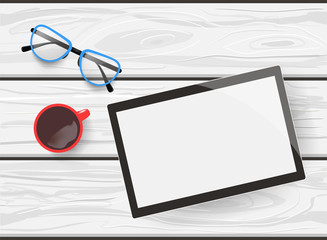 Hand drawn flat lay Mockup of blank tablet, eyeglasses and a cup of coffee on white wooden table