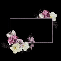 Vintage bouquet of garden flowers. White roses, purple anemone, pink hydrangea and hand drawn...