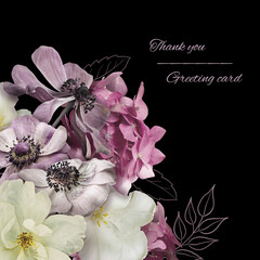 Vintage bouquet of garden flowers. White roses, purple anemone, pink hydrangea and hand drawn...
