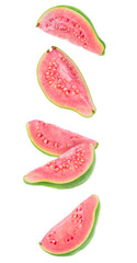 Fototapeta na wymiar Guava fruit pieces in the air. Five slices of fresh guava with pink flesh falling over white background