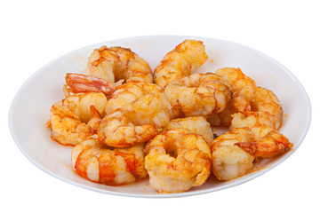 delicious appetizing prawns on white plate on white