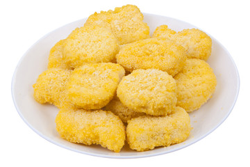 golden chicken nuggets on a white plate on  white background