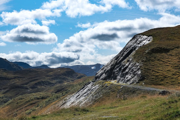 Scenic norwegian mountains shining rocks on sunny day nature landscape. Picturesque valley view , travel Norway, scandinavian recreation viewpoint