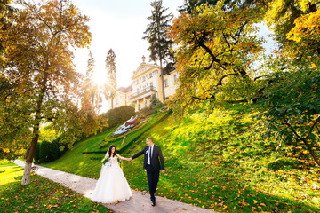 the newlyweds are holding hands and walking in a luxurious park.