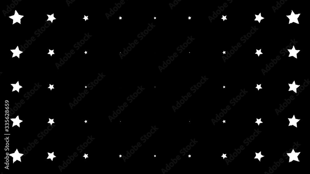 Poster dynamic composition with white stars scaling at black background. vintage pattern animation.