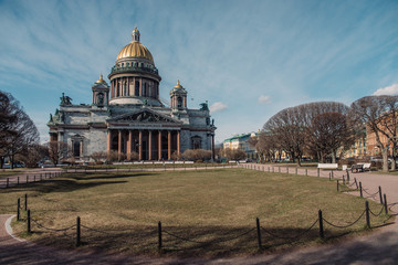 Saint Isaac's Cathedral in Saint Petersburg, Russia during the coronavirus pandemic in April 2020. Empty street.