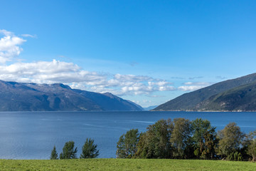 Sognefjord coast wide clear blue view, Norway biggest fjord. Beautiful bay, aerial summer scenery. Travel natural destinations
