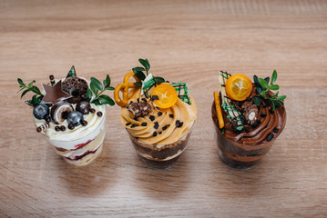 Very beautiful and appetizing traily closeup on table with space for signatures. Cake