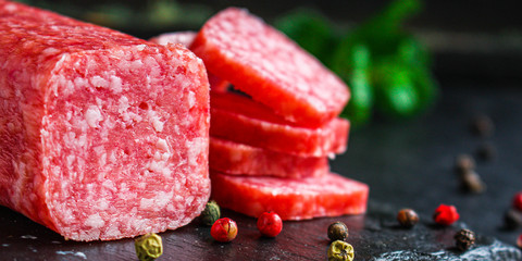 salami (meat product sausage) menu concept background. top view. copy spaces for text