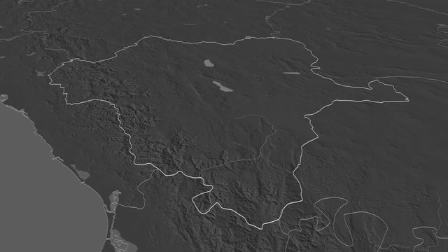 Durango, state with its capital, zoomed and extruded on the bilevel map of Mexico in the conformal Stereographic projection. Animation 3D