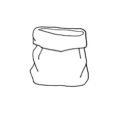 Sack for products isolated. Line sketch. Black and White hand drawn illustration on white background. Package for purchases. Shopping bag. Doodle style. Sign symbol.