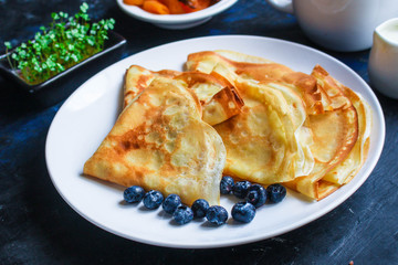 crepes Tasty dessert thin pancakes, healthy breakfast menu concept. background. top view. copy space for text