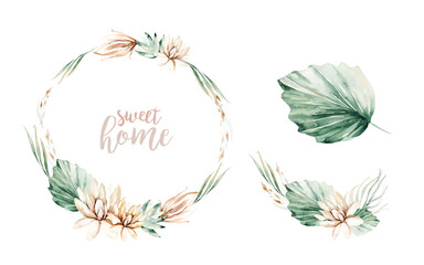 Floral watercolor peony flower frame. wreath with tropical leaves and flowers