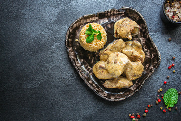 liver cream stew, creamy sauce chicken liver, healthy diet eating keto or paleo diet
menu concept background. top view. copy space for text