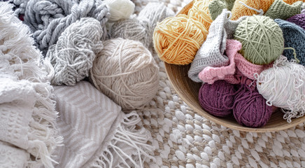 Fototapeta na wymiar Multicolored balls of thread for knitting in the basket.