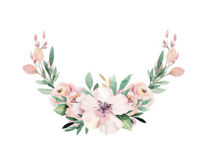 Floral watercolor peony flower frame. wreath with tropical leaves and flowers