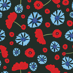 Poppies and cornflowers seamless vector pattern. Beautifuly blooming weeds surface print design. For fabrics, stationery and packaging.