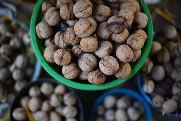 Bucket full of walnuts in the garden