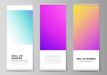 The vector illustration of the editable layout of roll up banner stands, vertical flyers, flags design business templates. Abstract geometric pattern with colorful gradient business background.