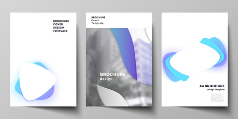 Vector layout of A4 format modern cover mockups design templates for brochure, magazine, flyer, booklet, annual report. Blue color gradient abstract dynamic shapes, colorful geometric template design.