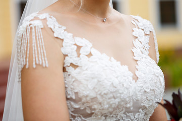 Close-up of the chest of a wedding dress, bride, lace