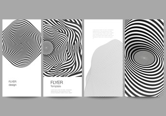 The minimalistic vector illustration of the editable layout of flyer, banner design templates. Abstract 3D geometrical background with optical illusion black and white design pattern.